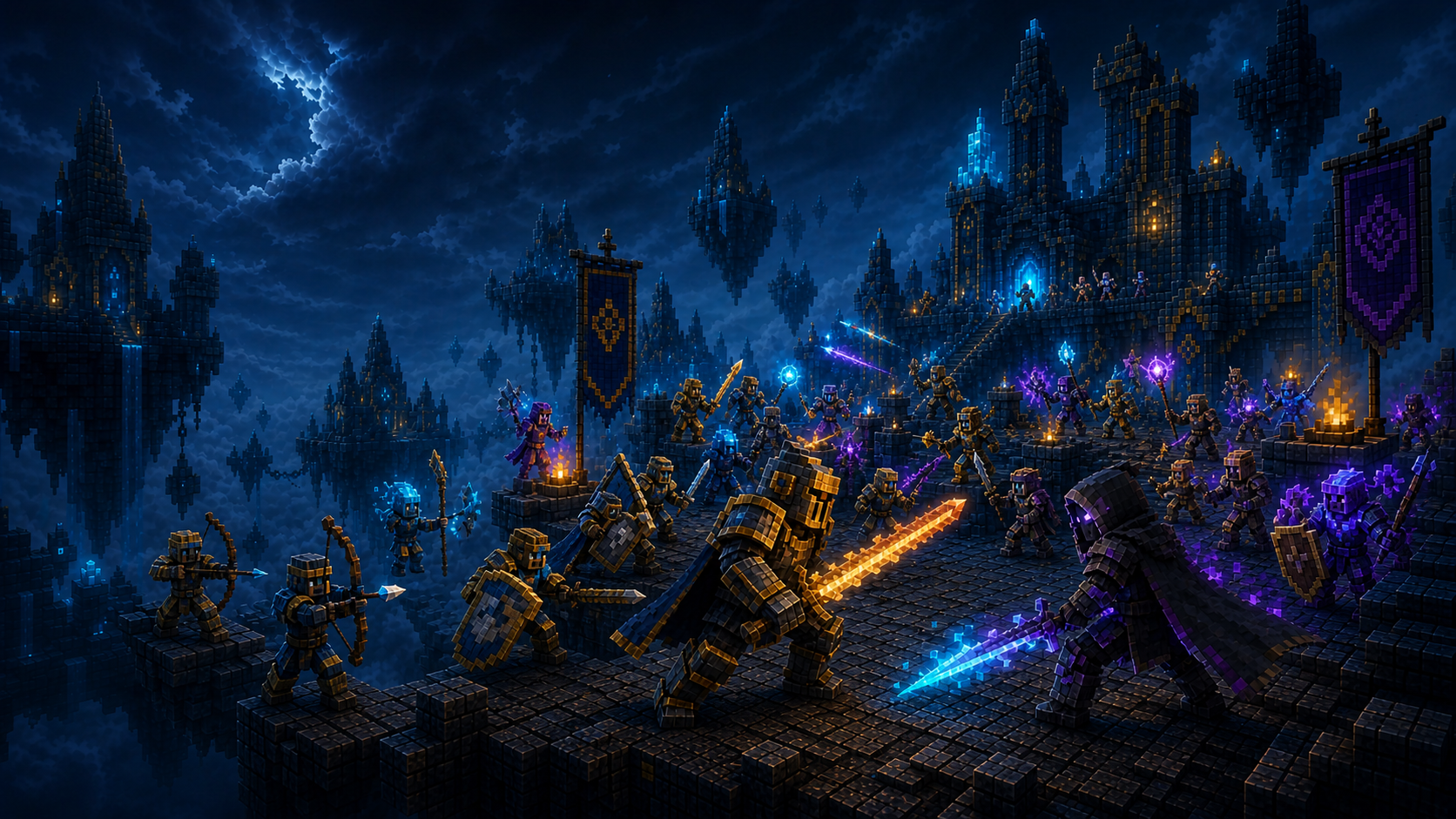 Two voxel fantasy armies fighting across a floating fortress