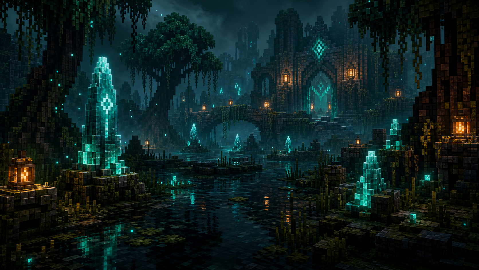 A Voxium crystal fen with voxel ruins and resources